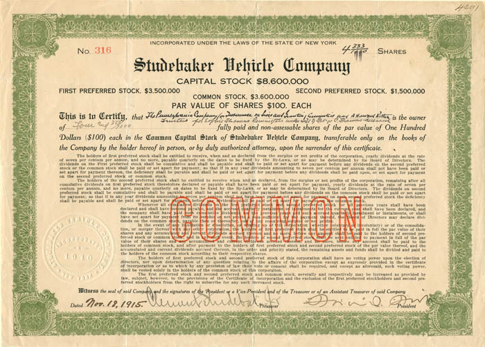 Studebaker Vehicle Co. signed by Clement Studebaker Jr. - Stock Certificate